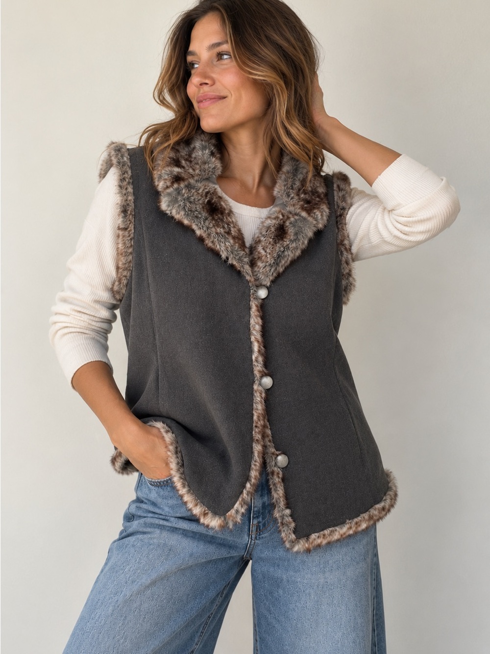 NWT J.Jill Charcoal Gray Faux Fur Trim Button Front Vest M